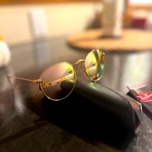 Ray Ban Round Metal Reflective Sunglasses - pink + gold